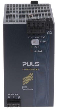 PULS - QS20.244 - PULS Q ϵ 480W 2 DIN 尲װԴ QS20.244, 94.55%Ч, 240V ac, 20A, 28V dc 24V dc/		