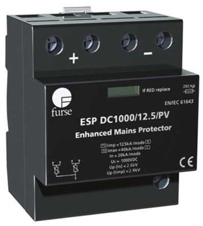 WJ Furse - ESP DC1000/12.5/PV - WJ Furse ESP PV ϵ 1000 V ֱ 12.5 kA, 40 kA PV ӿ ESP DC1000/12.5/PV, DIN 찲װ, 72 x 90 x 68mm		