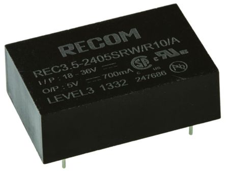 Recom - REC3.5-2405SRW/R10/A - Recom REC3.5 ϵ 3.5W ʽֱ-ֱת REC3.5-2405SRW/R10/A, 18  36 V ֱ, 5V dc, 700mA, 10kV dcѹ, 82%Ч		