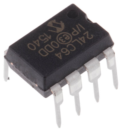 Microchip - 24LC64-I/P - Microchip 24LC64-I/P  EEPROM 洢, 64kbit,  - I2Cӿ, 900ns, 2.5  5.5 V, 8 PDIPװ		