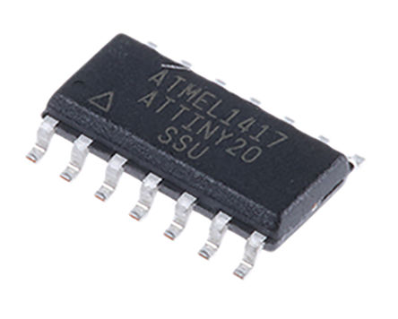 Microchip - ATTINY20-SSU - ATtiny ϵ Microchip 8 bit AVR MCU ATTINY20-SSU, 12MHz, 2 kB ROM , 128 B RAM, SOIC-14		